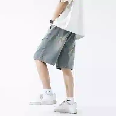 大卫贝肯 美式高街破洞水洗字母松紧腰抽绳宽松直筒休闲五分牛仔短裤 男女同款