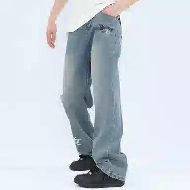 大卫贝肯 做旧字母印花涂鸦中腰拉链百搭直筒牛仔裤 男女同款