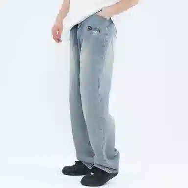 大卫贝肯 做旧字母印花涂鸦中腰拉链百搭直筒牛仔裤 男女同款