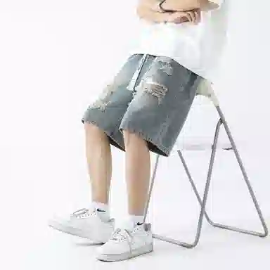 大卫贝肯 美式高街破洞水洗字母松紧腰抽绳宽松直筒休闲五分牛仔短裤 男女同款