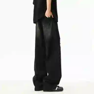 大卫贝肯 美式复古高街风水洗磨破设计舒适亲肤透气直筒长裤通勤百搭垂感休闲中腰宽松破洞牛仔裤 男女同款