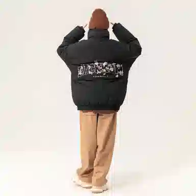 大卫贝肯 美式复古潮流个性樱花花卉字母印花日常出行通勤休闲宽松百搭立领高街面包服加厚保暖棉服 男女同款 黑色