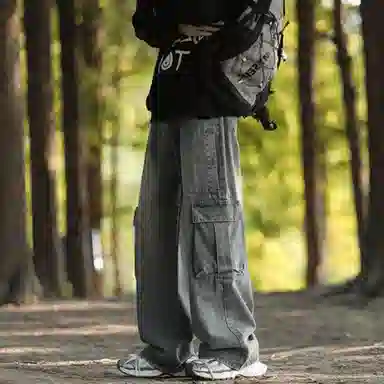 大卫贝肯 美式复古高街水洗做旧宽松休闲工装直筒拖地牛仔裤 男女同款 蓝色