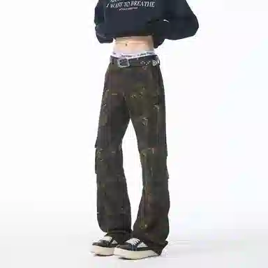 大卫贝肯 美式复古嘻哈高街多口袋拼接条纹高级感设计休闲宽松垂感时尚痞帅潮流舒适百搭无性别主义微喇工装裤 男女同款 迷彩