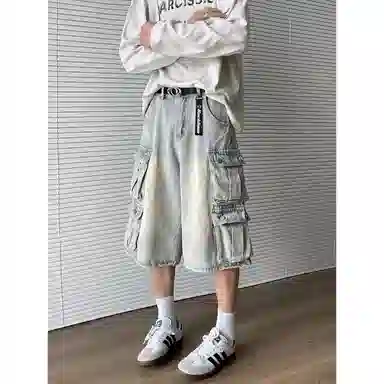 大卫贝肯 时尚高街美式中腰基础款百搭宽松七分裤牛仔短裤 男女同款 浅蓝色