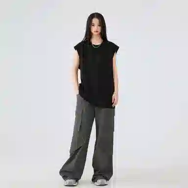 大卫贝肯 手绘艺术字母搞怪小熊印花宽松直筒背心 男女同款