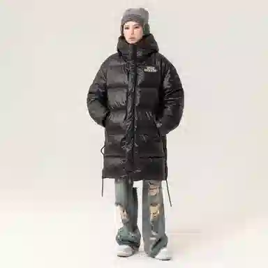 大卫贝肯 美式复古潮流时尚保暖防风字母印花设计宽松舒适连帽休闲中长款百搭外套羽绒服 男女同款 黑色