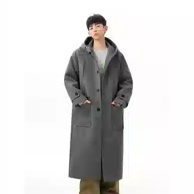 大卫贝肯 美式高街简约复古假两件连帽时尚韩版加棉加厚单排扣中长款毛呢大衣 男女同款