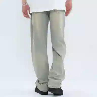 大卫贝肯 做旧字母印花涂鸦中腰拉链百搭直筒牛仔裤 男女同款