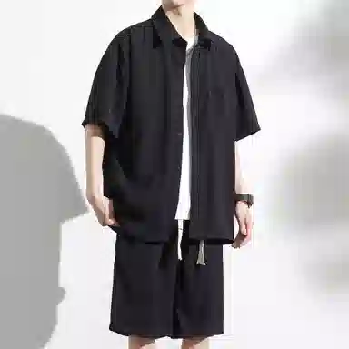 大卫贝肯 美式复古简约纯色宽松透气高级感痞帅垂感短袖上衣休闲字母休闲短裤衬衫套装 男女同款