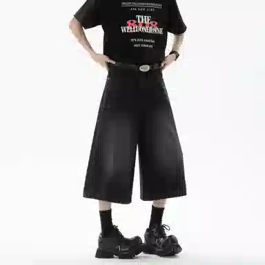 大卫贝肯 美式复古高街基础款纯色做旧宽松通勤高级感百搭潮流简约直筒七分牛仔短裤 男女同款