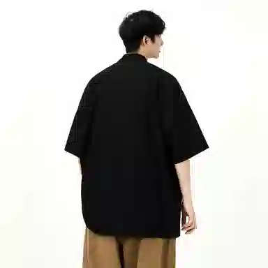 大卫贝肯 潮牌美式高级感重叠撞色字母小众设计时尚基础款纯色简约复古休闲运动百搭透气冰丝宽松翻领单排扣冰感短袖衬衫 男女同款