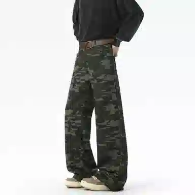 大卫贝肯 美式高街复古迷彩设计百搭阔腿宽松直筒休闲裤 男女同款