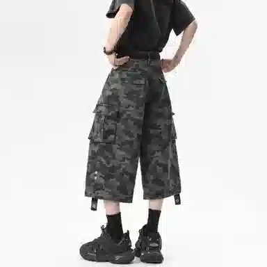 大卫贝肯 美式复古舒适百搭直筒阔腿七分牛仔短裤 男女同款 城市迷彩