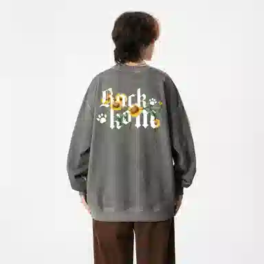 大卫贝肯 美式复古休闲宽松向日葵字母印花宽松百搭纯棉圆领脏脏卫衣 男女同款