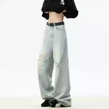 大卫贝肯 美式复古高街风水洗磨破设计舒适亲肤透气直筒长裤通勤百搭垂感休闲中腰宽松破洞牛仔裤 男女同款