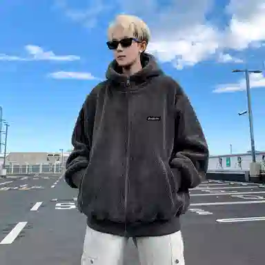 大卫贝肯 高街美式学院风宽松休闲加绒加厚外套学生连帽保暖羊羔绒棉服 男女同款