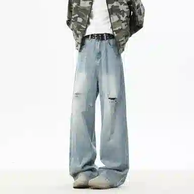 大卫贝肯 美式复古高街风水洗磨破设计舒适亲肤透气直筒长裤通勤百搭垂感休闲中腰宽松破洞牛仔裤 男女同款