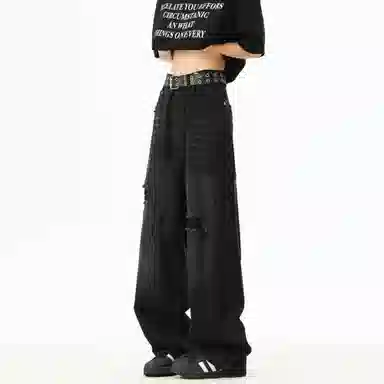 大卫贝肯 美式复古高街风水洗磨破设计舒适亲肤透气直筒长裤通勤百搭垂感休闲中腰宽松破洞牛仔裤 男女同款