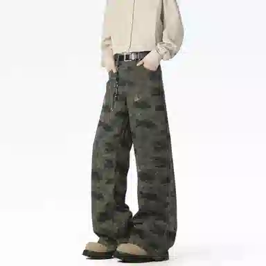 大卫贝肯 美式高街复古迷彩设计百搭阔腿宽松直筒休闲裤 男女同款