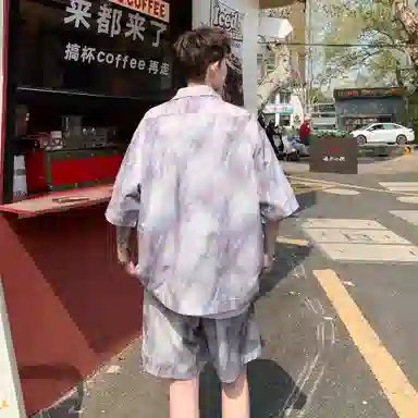 大卫贝肯 美式复古高品质重磅潮流薄款冰丝油墨晕染斑驳设计感格子百搭翻领落肩短袖衬衫搭基础款五分裤宽松休闲运动套装 男女同款