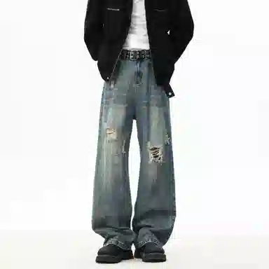 大卫贝肯 美式复古高街风水洗磨破设计舒适亲肤透气直筒长裤通勤百搭垂感休闲中腰宽松破洞牛仔裤 男女同款