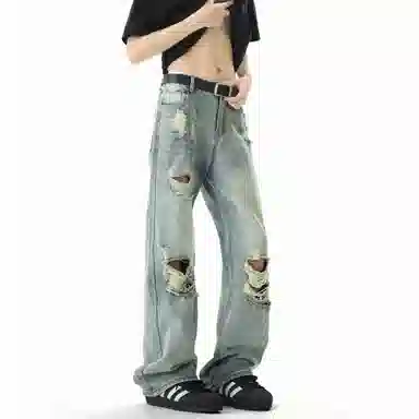 大卫贝肯 美式复古高街风水洗做旧重工破洞长裤舒适日常通勤时尚街头小众高级感痞帅百搭宽松直筒微喇牛仔裤 男女同款