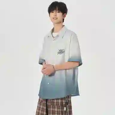 大卫贝肯 美式复古字母设计宽松休闲纯色百搭渐变透气垂感落肩短袖衬衫 男女同款