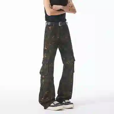 大卫贝肯 美式复古嘻哈高街多口袋拼接条纹高级感设计休闲宽松垂感时尚痞帅潮流舒适百搭无性别主义微喇工装裤 男女同款 迷彩