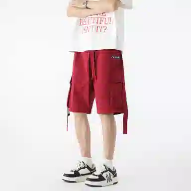 大卫贝肯 美式复古高街百搭绣花刺绣字母休闲潮流宽松腰部可调节抽绳两侧大口袋飘带设计个性五分工装短裤 男女同款