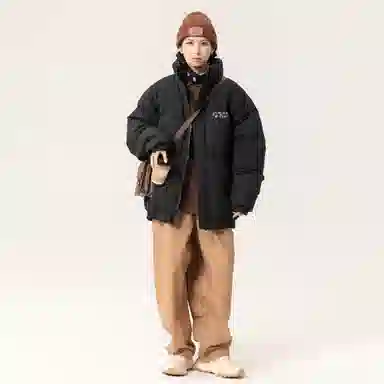 大卫贝肯 美式复古潮流个性樱花花卉字母印花日常出行通勤休闲宽松百搭立领高街面包服加厚保暖棉服 男女同款 黑色