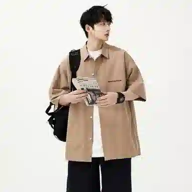 大卫贝肯 潮牌美式高级感重叠撞色字母小众设计时尚基础款纯色简约复古休闲运动百搭透气冰丝宽松翻领单排扣冰感短袖衬衫 男女同款