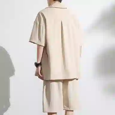 大卫贝肯 美式复古简约纯色宽松透气高级感痞帅垂感短袖上衣休闲字母休闲短裤衬衫套装 男女同款