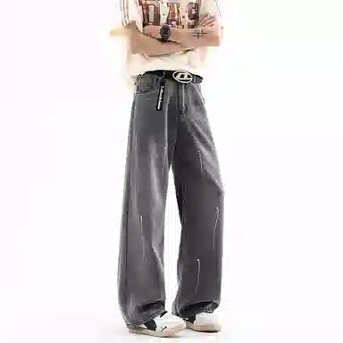 大卫贝肯 美式复古水洗做旧磨白泼墨半松紧设计时尚潮流莱赛尔薄款百搭亲肤柔软宽松休闲阔腿顺滑垂感牛仔裤 男女同款