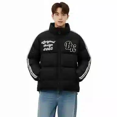 大卫贝肯 美式复古撞色个性字母印花三条杠宽松保暖加厚立领防风休闲舒适面包棉服 男女同款