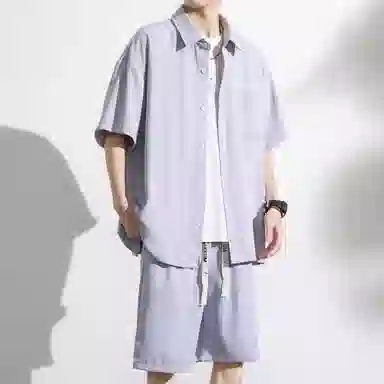 大卫贝肯 美式复古简约纯色宽松透气高级感痞帅垂感短袖上衣休闲字母休闲短裤衬衫套装 男女同款