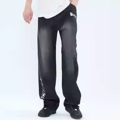 大卫贝肯 做旧字母印花涂鸦中腰拉链百搭直筒牛仔裤 男女同款