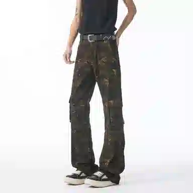 大卫贝肯 美式复古嘻哈高街多口袋拼接条纹高级感设计休闲宽松垂感时尚痞帅潮流舒适百搭无性别主义微喇工装裤 男女同款 迷彩