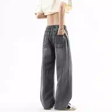 大卫贝肯 美式复古水洗做旧磨白泼墨半松紧设计时尚潮流莱赛尔薄款百搭亲肤柔软宽松休闲阔腿顺滑垂感牛仔裤 男女同款