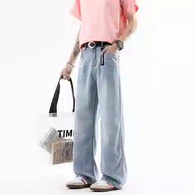 大卫贝肯 美式复古水洗做旧磨白泼墨半松紧设计时尚潮流莱赛尔薄款百搭亲肤柔软宽松休闲阔腿顺滑垂感牛仔裤 男女同款