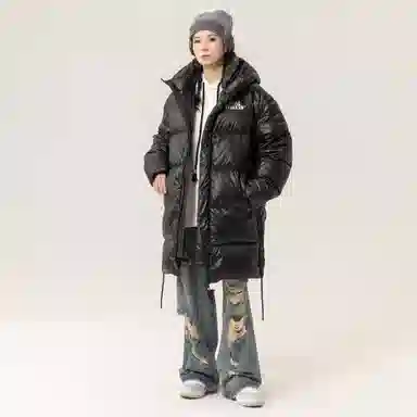 大卫贝肯 美式复古潮流时尚保暖防风字母印花设计宽松舒适连帽休闲中长款百搭外套羽绒服 男女同款 黑色