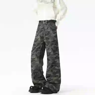 大卫贝肯 美式高街复古迷彩设计百搭阔腿宽松直筒休闲裤 男女同款