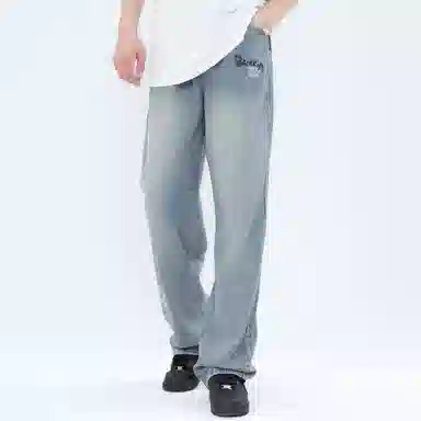 大卫贝肯 做旧字母印花涂鸦中腰拉链百搭直筒牛仔裤 男女同款