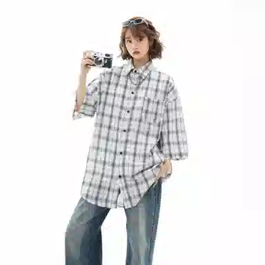 大卫贝肯 韩版复古格子基础款时尚休闲学院风小众褶皱设计随性慵懒感无性别主义宽松百搭轻薄凉爽透气日常通勤翻领短袖衬衫 男女同款