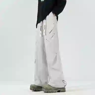 大卫贝肯 美式高街复古铆钉设计痞帅伞兵裤百搭时尚工装褶皱户外通勤直筒透气舒适机能风垂感抽绳系带中腰宽松休闲裤 男女同款