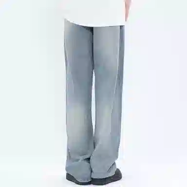 大卫贝肯 做旧字母印花涂鸦中腰拉链百搭直筒牛仔裤 男女同款