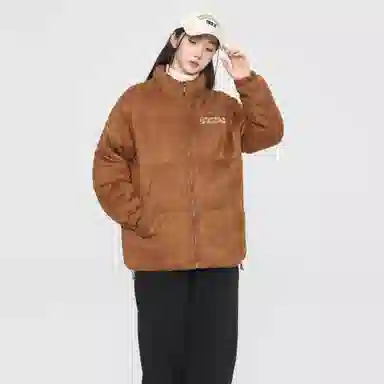 大卫贝肯 美式高街背面樱花花卉图案字母印花日常通勤百搭宽松休闲立领棉服 男女同款 黑色