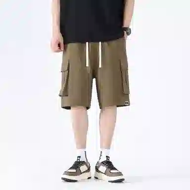 大卫贝肯 美式复古基础款纯色宽松大口袋系带直筒休闲日常通勤五分针织工装短裤 男女同款