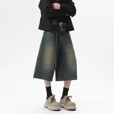 大卫贝肯 美式复古高街基础款纯色做旧宽松通勤高级感百搭潮流简约直筒七分牛仔短裤 男女同款