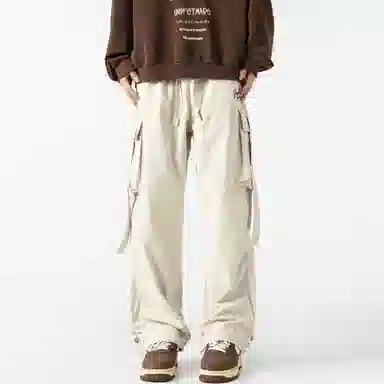 大卫贝肯 美式复古街头机能风字母印花立体大口袋抽绳休闲宽松阔腿伞兵工装裤 男女同款